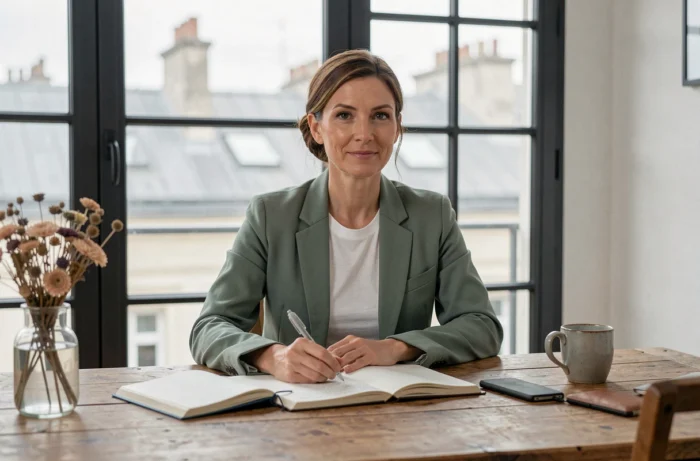 Femme dans la quarantaine à son bureau parisien avec un blazer vert sauge, dans un appartement chaleureux, référence à l'univers intime de Sophie Jovillard