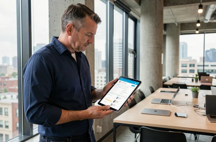Homme consultant la structure d'un site web sur une tablette dans un espace de coworking