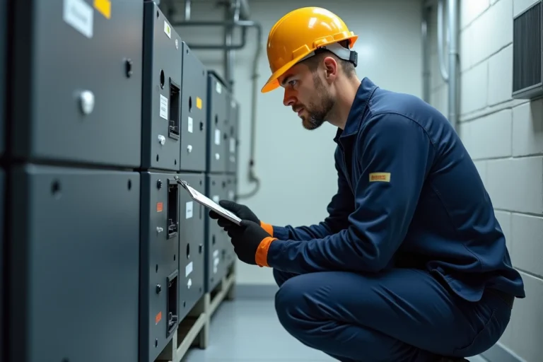 Technicien solaire inspectant une banque de batteries lithium-ion pour installation solaire 3000W dans une salle technique