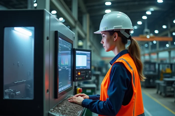 Technicienne opérant une fraiseuse CNC dans une usine de fabrication mécanique moderne