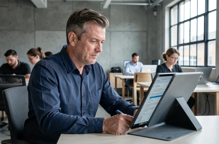 Homme consultant des ressources numériques sur une tablette dans un espace de coworking moderne