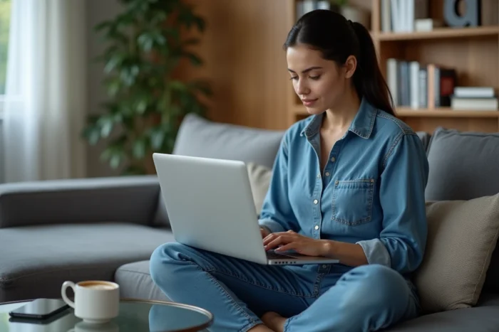 Femme utilisant un ordinateur portable sur un canapé pour télécharger des fichiers depuis un site de partage en ligne