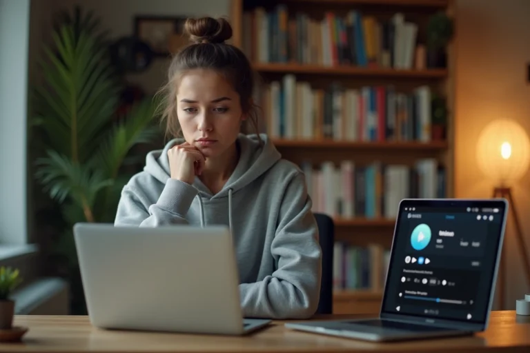 Jeune femme utilisant un ordinateur portable pour télécharger de la musique en ligne, illustrant la question de la légalité du téléchargement musical