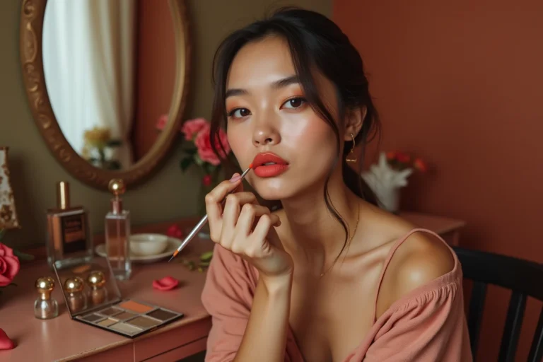 Jeune femme appliquant un rouge à lèvres corail tendance devant une coiffeuse vintage avec palettes de maquillage