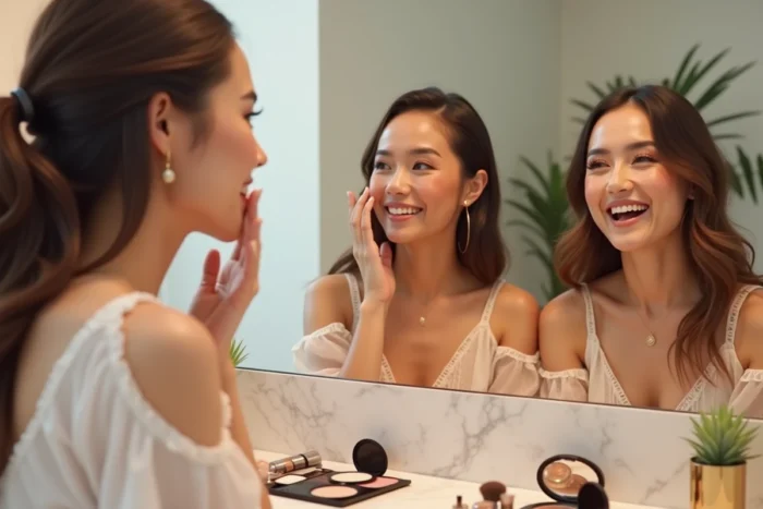 Trois femmes aux tendances maquillage variées autour d'un comptoir en marbre dans une salle de bain élégante