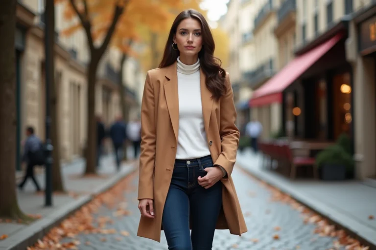 Femme portant un blazer camel oversize et jean indigo dans une rue parisienne en automne, tendances mode de saison