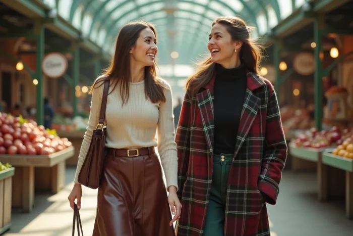 Deux femmes élégantes en jupe en cuir et manteau à carreaux marchant dans une halle de marché, tendances mode de saison automne