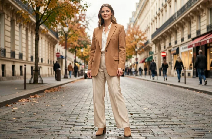 Femme élégante en blazer camel oversize et pantalon large crème dans une rue pavée parisienne en automne, tendances mode saison