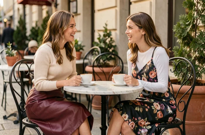 Deux femmes tendance en jupe cuir bordeaux et robe satin florale attablées en terrasse de café parisien, looks mode automne
