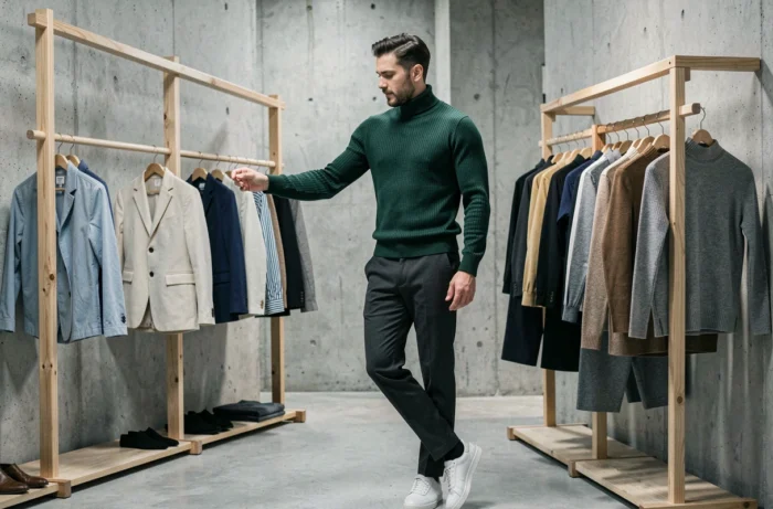 Homme en pull col roulé vert sapin et pantalon gris anthracite dans un concept store minimaliste, nouvelles tendances mode masculine