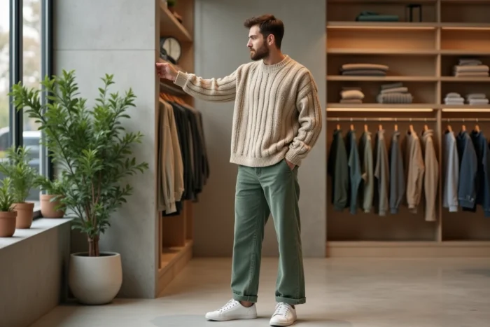 Homme en pantalon velours côtelé vert sauge et pull en maille dans un concept store minimaliste, tendances mode automne-hiver