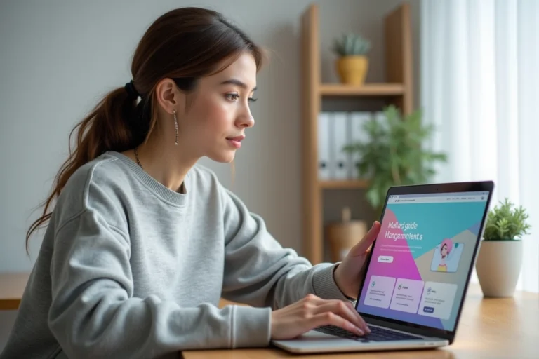 Femme naviguant sur une interface web moderne depuis un bureau minimaliste à domicile, illustrant les tendances numériques actuelles