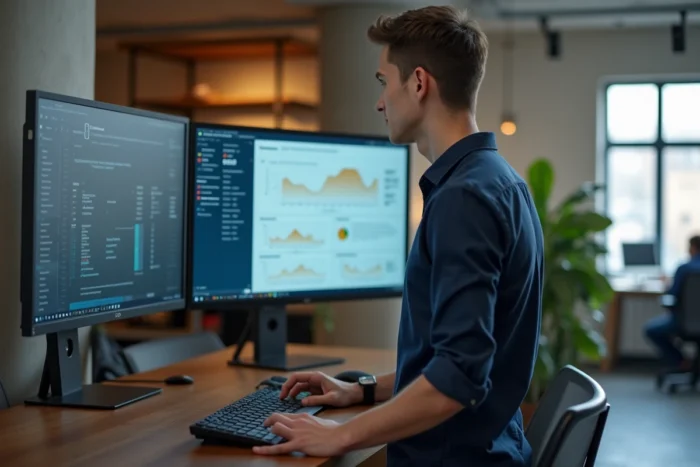 Homme travaillant sur un grand écran affichant un tableau de bord web moderne dans un espace de coworking contemporain, représentant les nouvelles tendances digitales