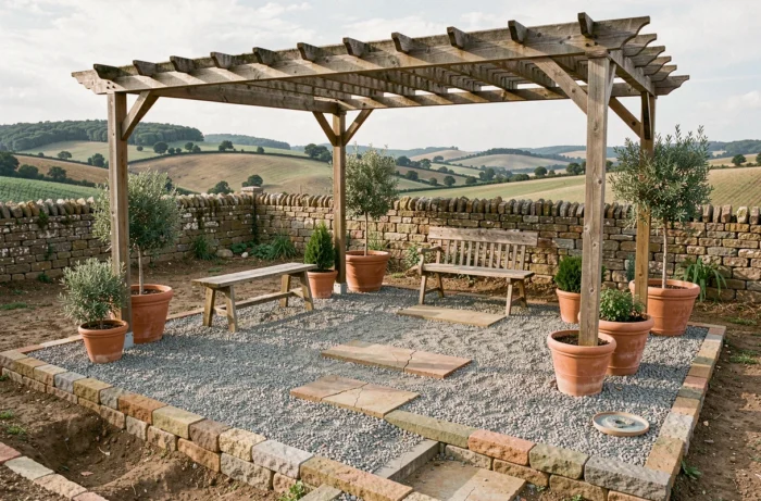 Terrasse décorative en gravier et bois installée au-dessus d'une zone de fosse septique avec potager en contenants