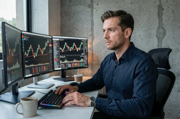 Trader crypto concentré devant plusieurs écrans affichant des graphiques de trading et données blockchain dans un bureau moderne