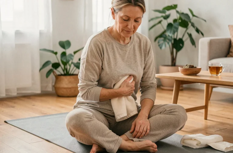 Femme d'âge mûr appliquant une compresse d'herbes naturelles pour soulager une douleur anorectale, traitement naturel à domicile