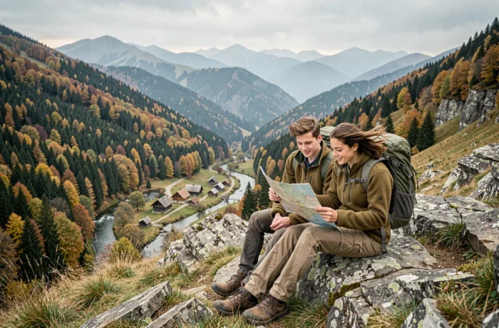 Couple de randonneurs contemplant le panorama des montagnes des Carpates ukrainiennes en automne, avec village traditionnel en vallée