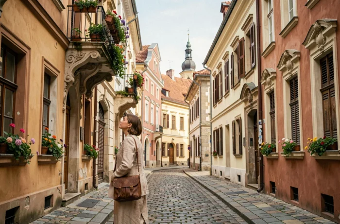 Voyageuse explorant les ruelles pavées du centre historique de Lviv en Ukraine, avec facades baroques et balcons fleuris