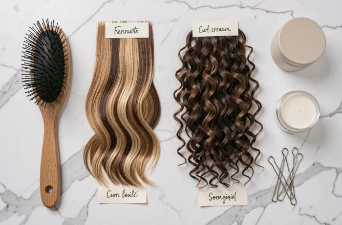 Flat lay éducatif présentant quatre types de textures de cheveux — lisses, ondulés, bouclés et crépus — avec des accessoires de soin sur marbre blanc