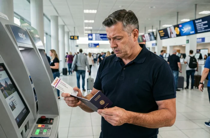 Homme comparant sa carte d'embarquement easyJet et son passeport dans un hall d'aéroport, vérifiant la concordance des prénoms
