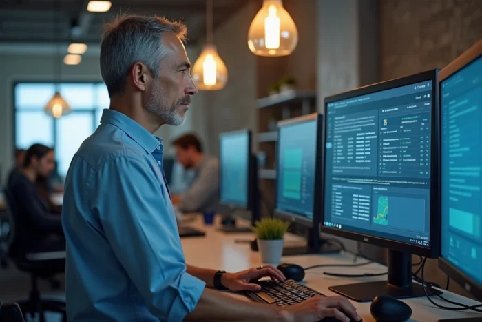 Homme analysant les statistiques de vitesse réseau sur un ordinateur de bureau dans un espace de travail professionnel