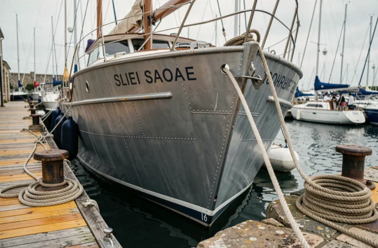 Voilier en acier de voyage amarré dans un port de plaisance, vue grand angle sur la coque robuste et le quai