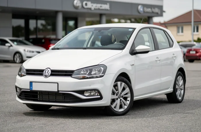 Polo 6 blanche trois quarts avant stationnée sur un parvis de concession Volkswagen