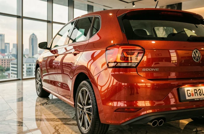 Volkswagen Polo 6 en rouge métallisé exposée dans un showroom moderne avec vue sur la ville