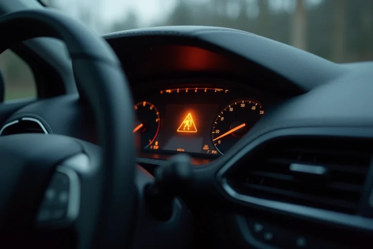 Tableau de bord d'un Peugeot 3008 avec voyant orange allumé sur le combiné d'instruments